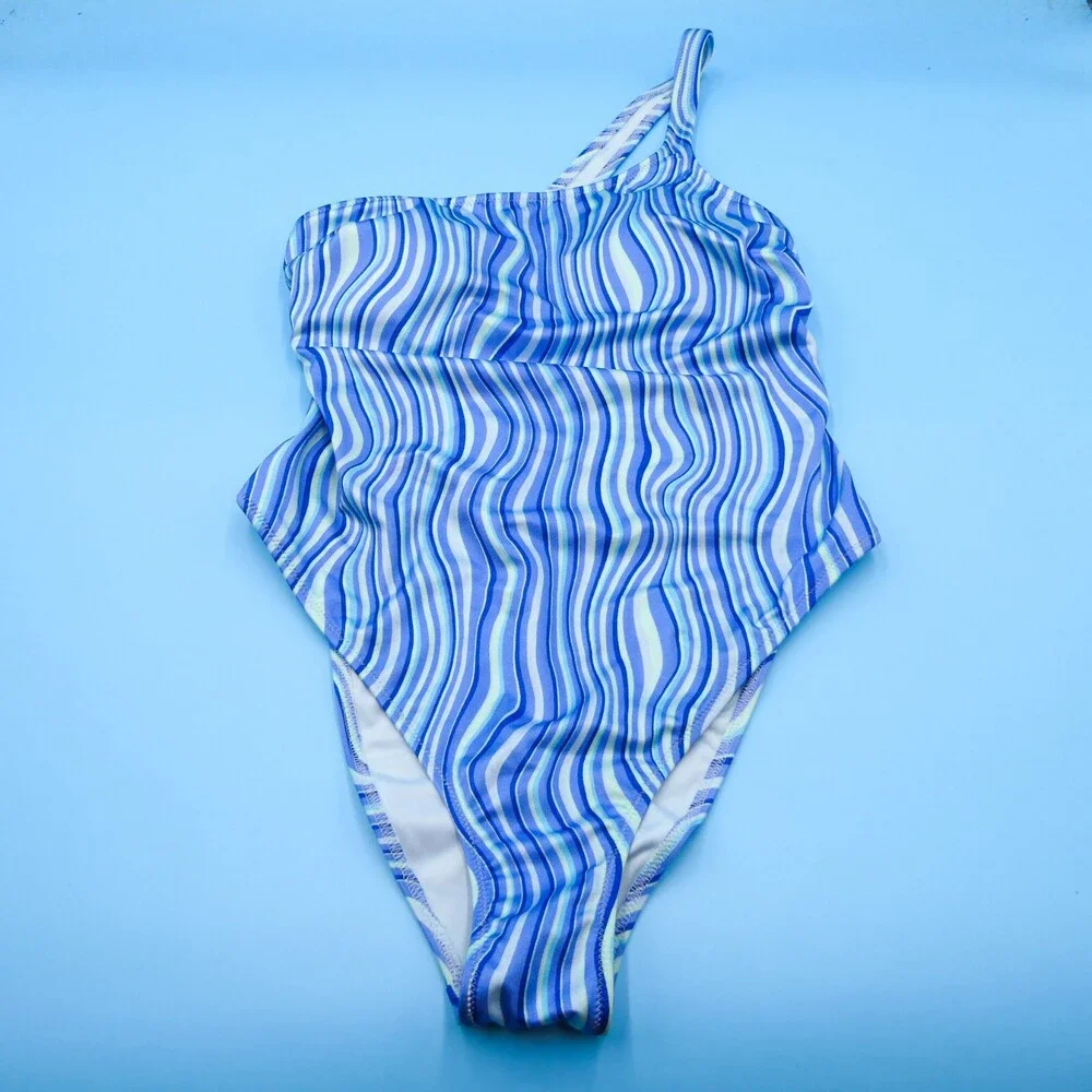 Victorias Secret Small Blue Striped‎ One Shoulder Bikini One Piece Swimsuit New